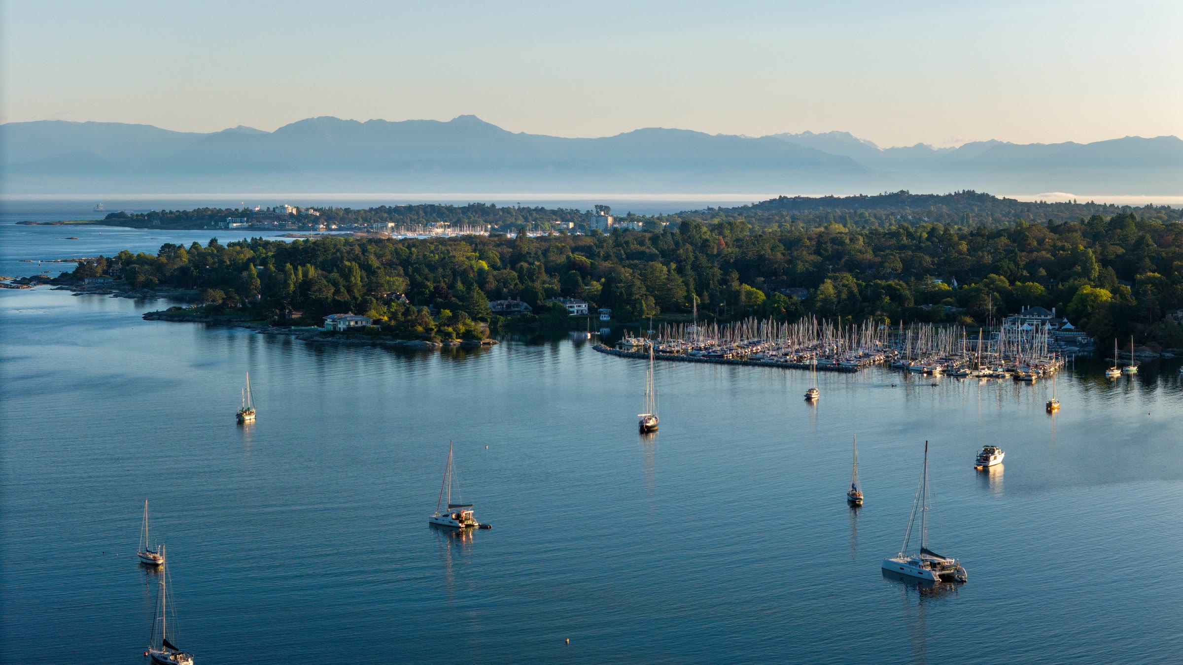Sailboats moored in Cadboro Bay in low sun, with the Royal Victoria Yacht Club marina along the shore and the Olympic Mountains beyond