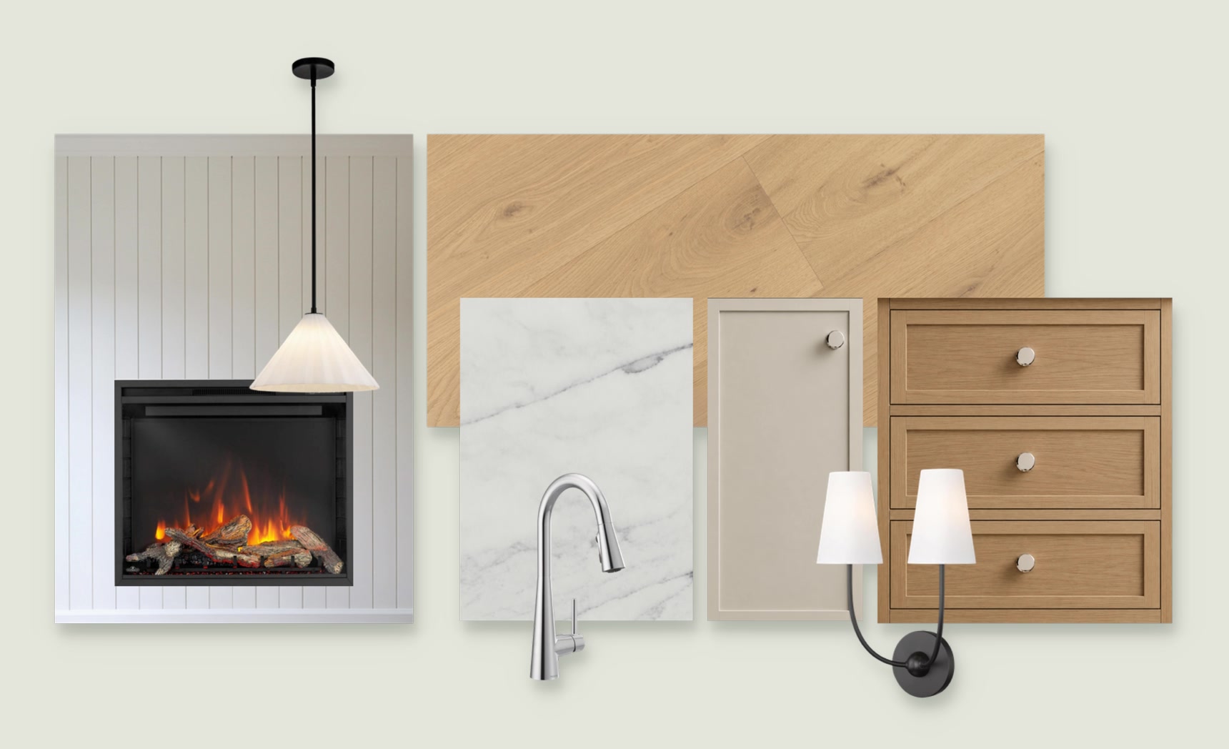 Materials and fixtures: a white panelled fireplace wall with a pleated pendant, a white oak floor plank, marble-look quartz with a chrome kitchen faucet, a greige shaker cabinet door, oak shaker drawers with nickel knobs, and a black two-light wall sconce with white shades