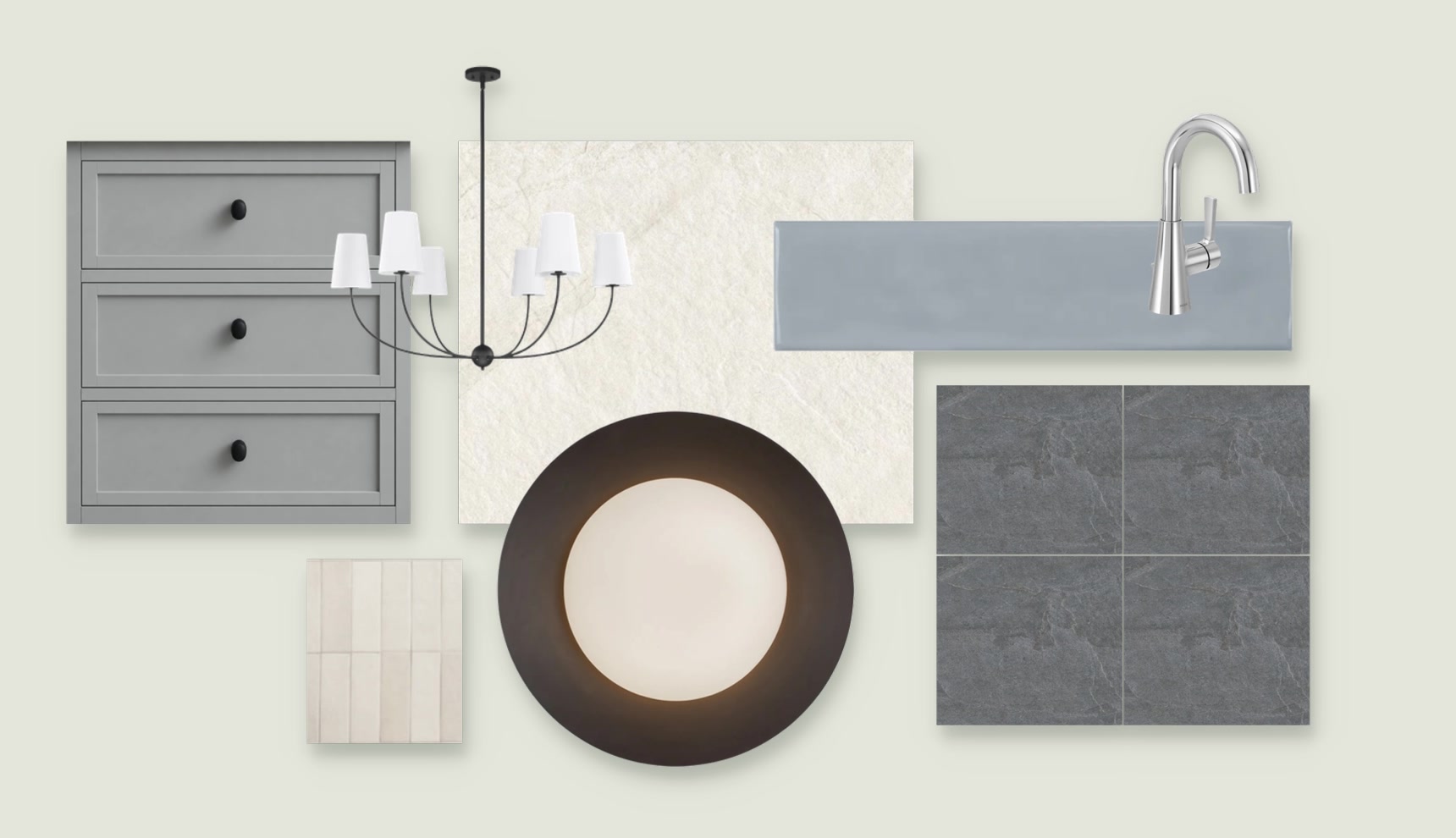 Materials and fixtures: a grey shaker vanity with black knobs, a black chandelier with white shades, cream textured stone tile, pale blue glazed tile with a chrome faucet, dark slate-look floor tile, cream stacked tile and a dark round ceiling light