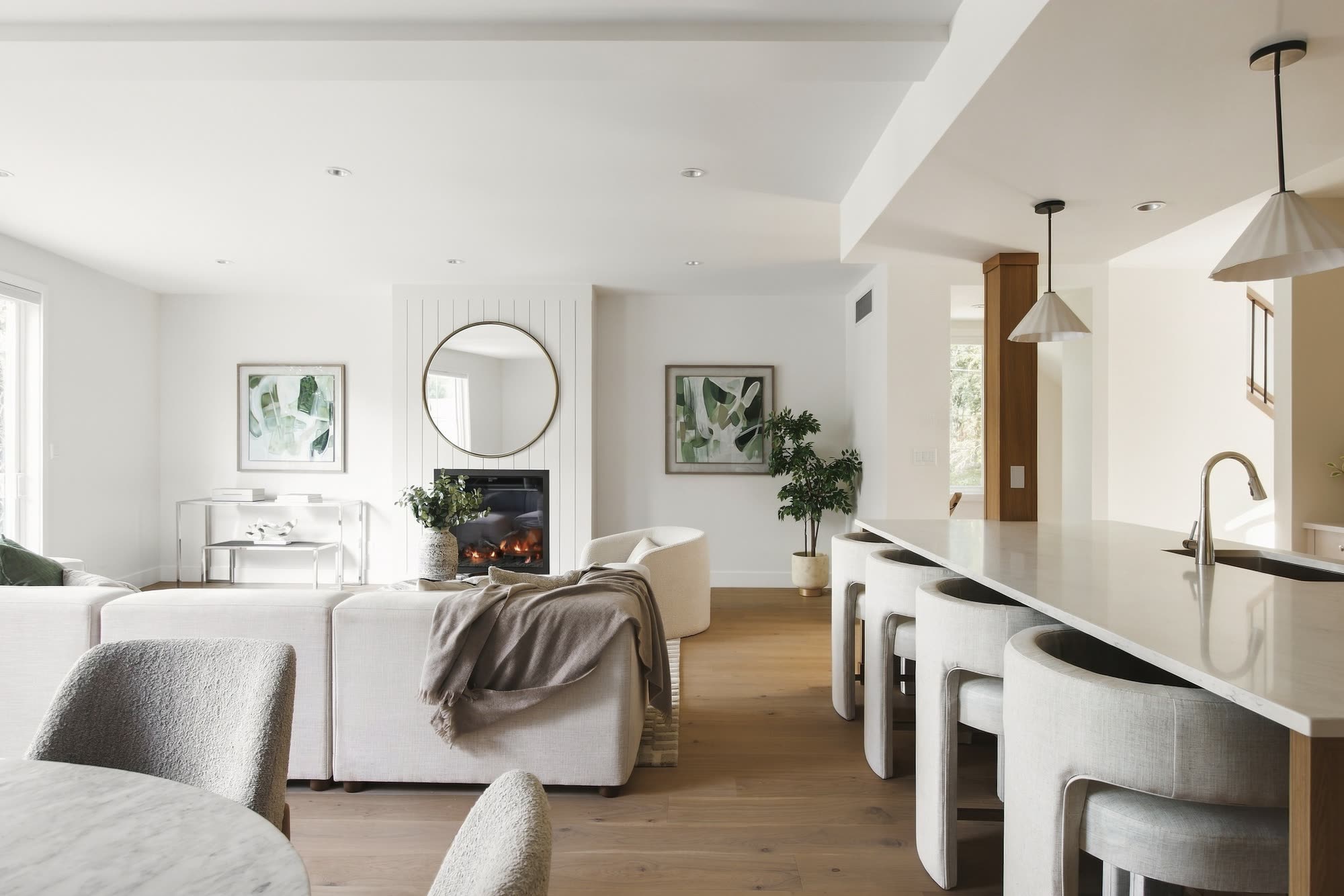 From the kitchen island across to the living room and fireplace