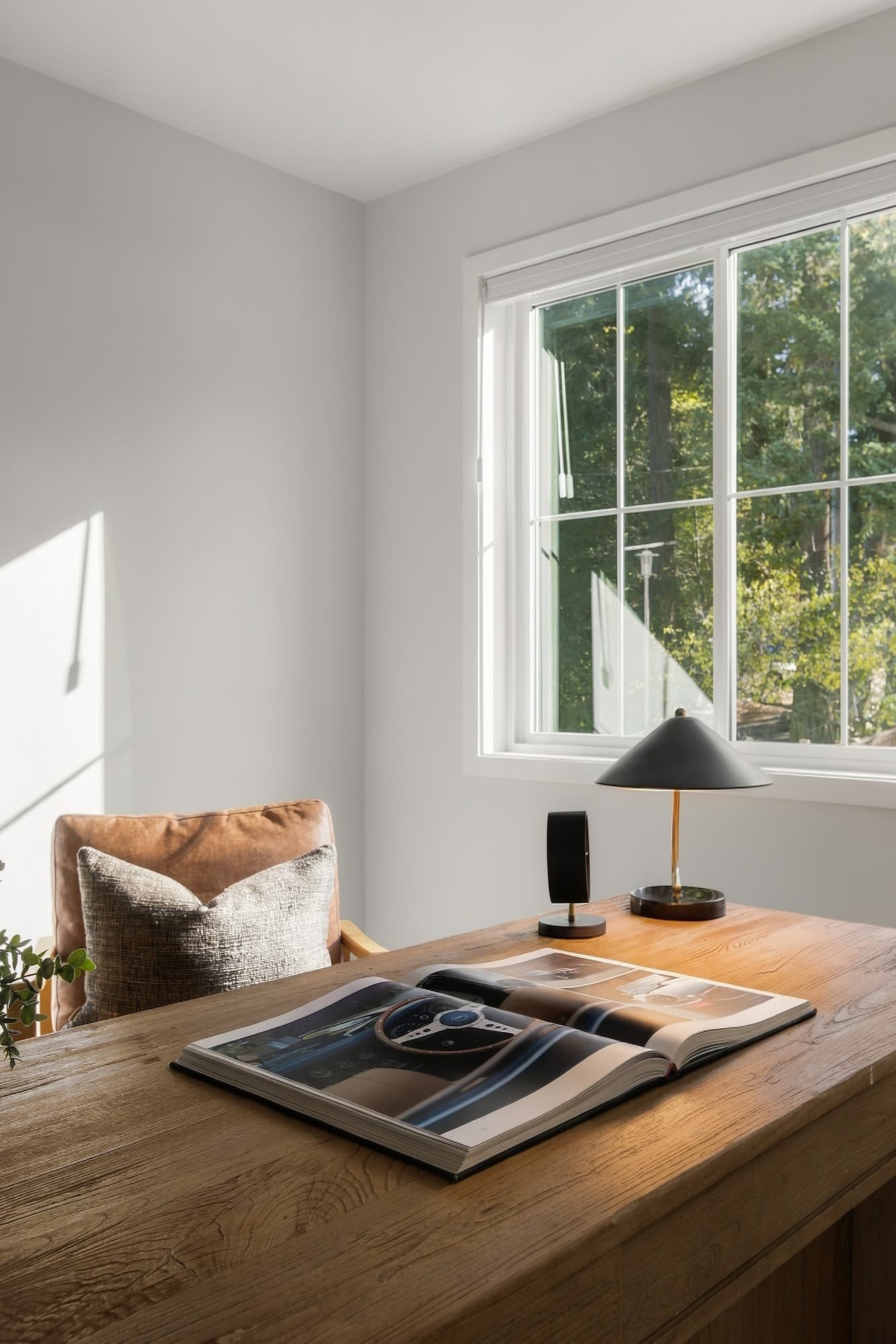 An oak desk by the office window