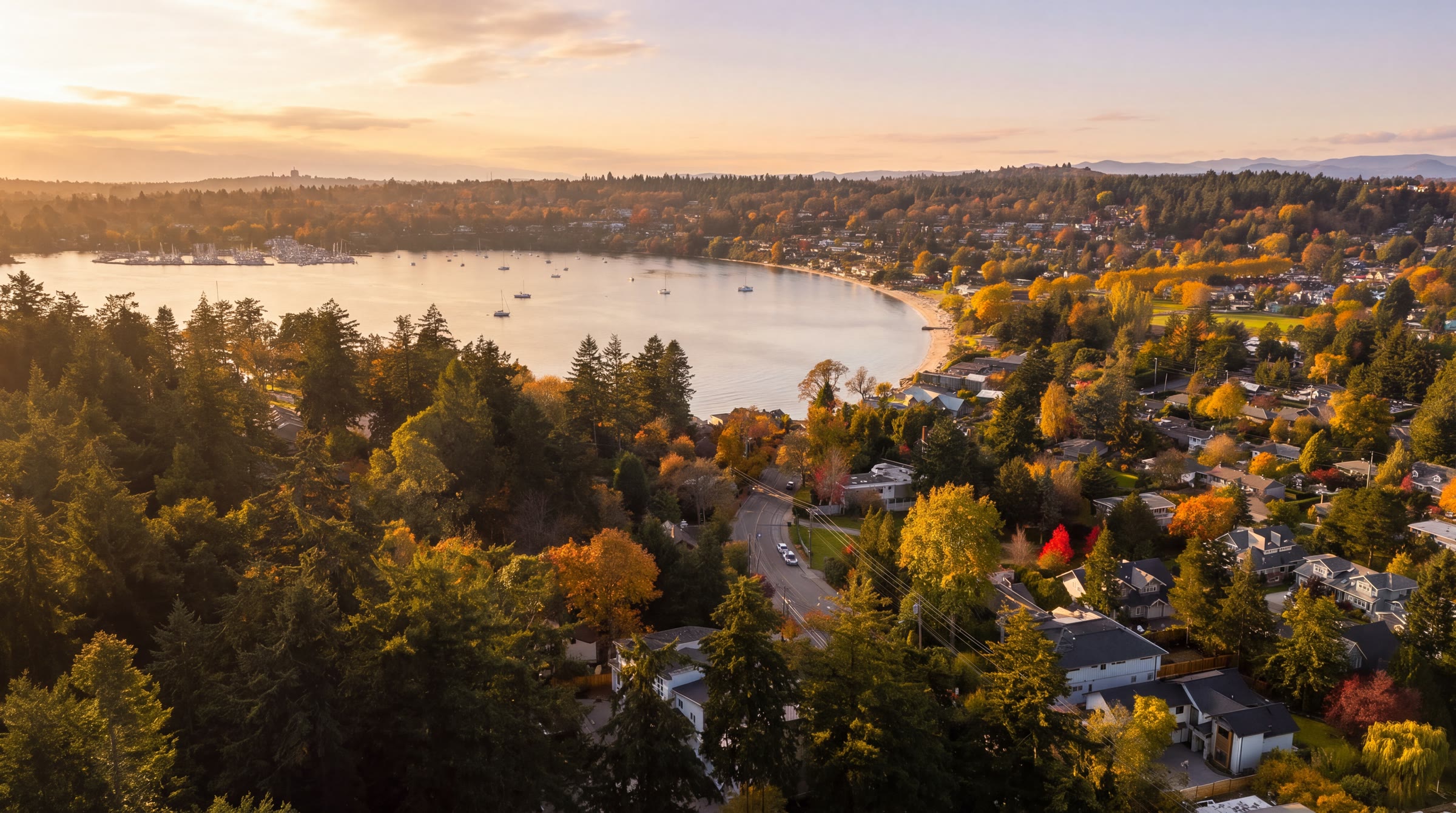 Cadboro Bay from above at sunset in autumn: the road down to the water, the beach curving round the bay and boats moored off the yacht club