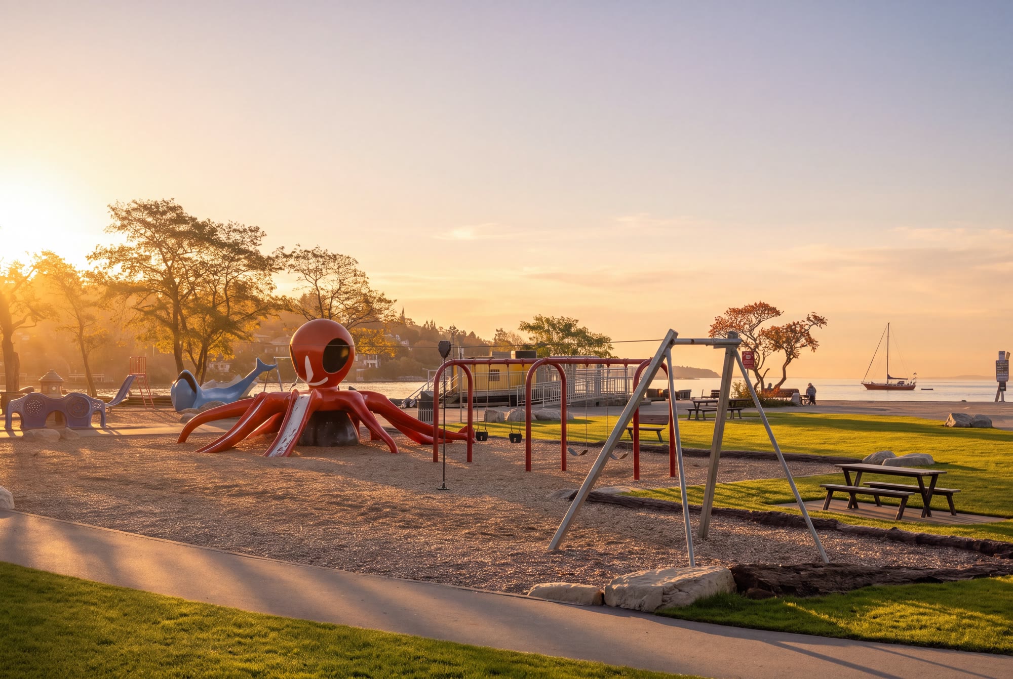 The octopus climbing frame and swings at Gyro Park at golden hour, with a sailboat out in Cadboro Bay