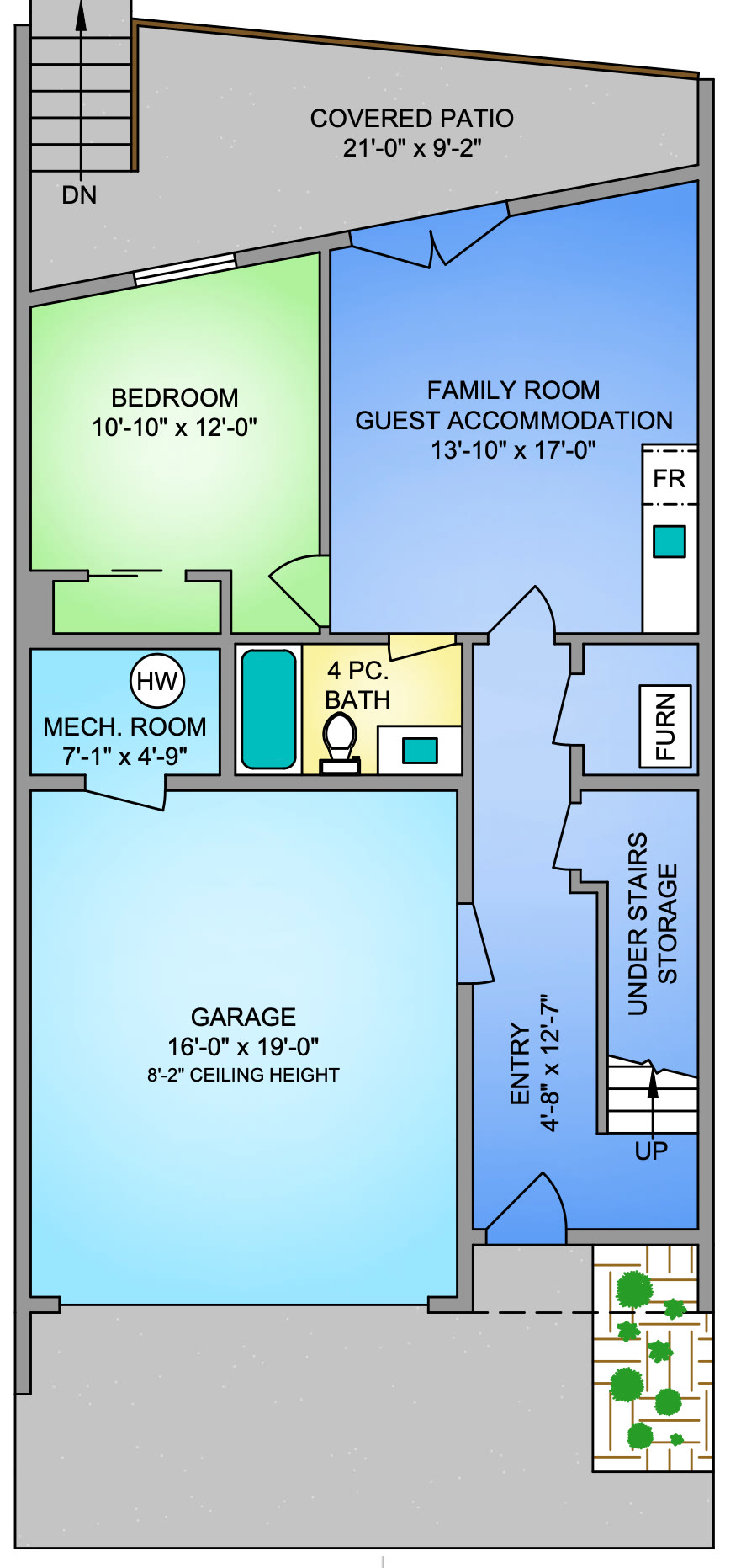 Home 2 downstairs plan: family room or guest accommodation 13 ft 10 in by 17 ft, a bedroom 10 ft 10 in by 12 ft, a four-piece bath, the entry with under-stair storage, the garage 16 ft by 19 ft and the covered patio