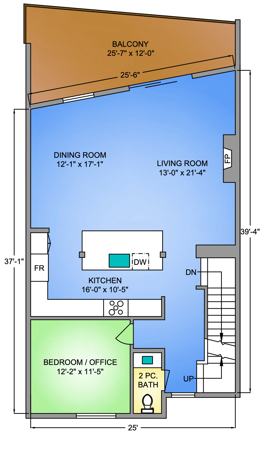 Home 2 main floor plan: living room 13 ft by 21 ft 4 in with the fireplace, dining room 12 ft 1 in by 17 ft 1 in, kitchen 16 ft by 10 ft 5 in with an island, the balcony, a bedroom or office 12 ft 2 in by 11 ft 5 in and a two-piece bath