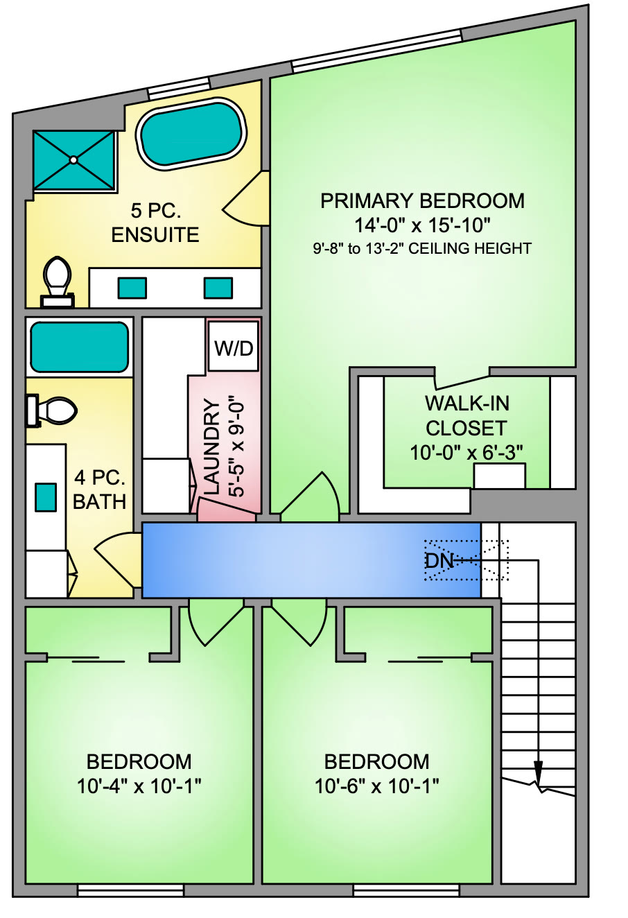 Home 2 upstairs plan: primary bedroom 14 ft by 15 ft 10 in with a walk-in closet and five-piece ensuite, two bedrooms of about 10 ft by 10 ft, a four-piece bath and the laundry