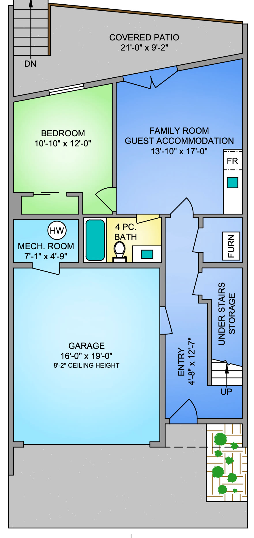 Home 3 downstairs plan: family room or guest accommodation 13 ft 10 in by 17 ft, a bedroom 10 ft 10 in by 12 ft, a four-piece bath, the entry with under-stair storage, the garage 16 ft by 19 ft and the covered patio