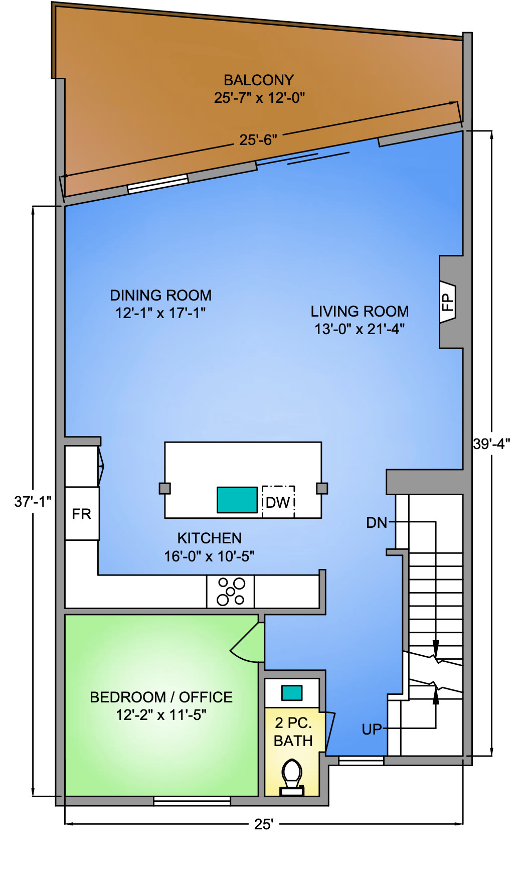 Home 3 main floor plan: living room 13 ft by 21 ft 4 in with the fireplace, dining room 12 ft 1 in by 17 ft 1 in, kitchen 16 ft by 10 ft 5 in with an island, the balcony, a bedroom or office 12 ft 2 in by 11 ft 5 in and a two-piece bath