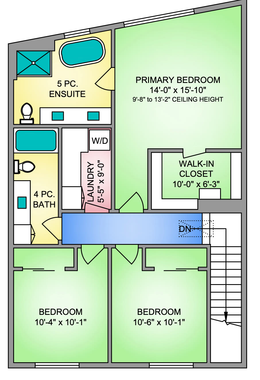 Home 3 upstairs plan: primary bedroom 14 ft by 15 ft 10 in with a walk-in closet and five-piece ensuite, two bedrooms of about 10 ft by 10 ft, a four-piece bath and the laundry