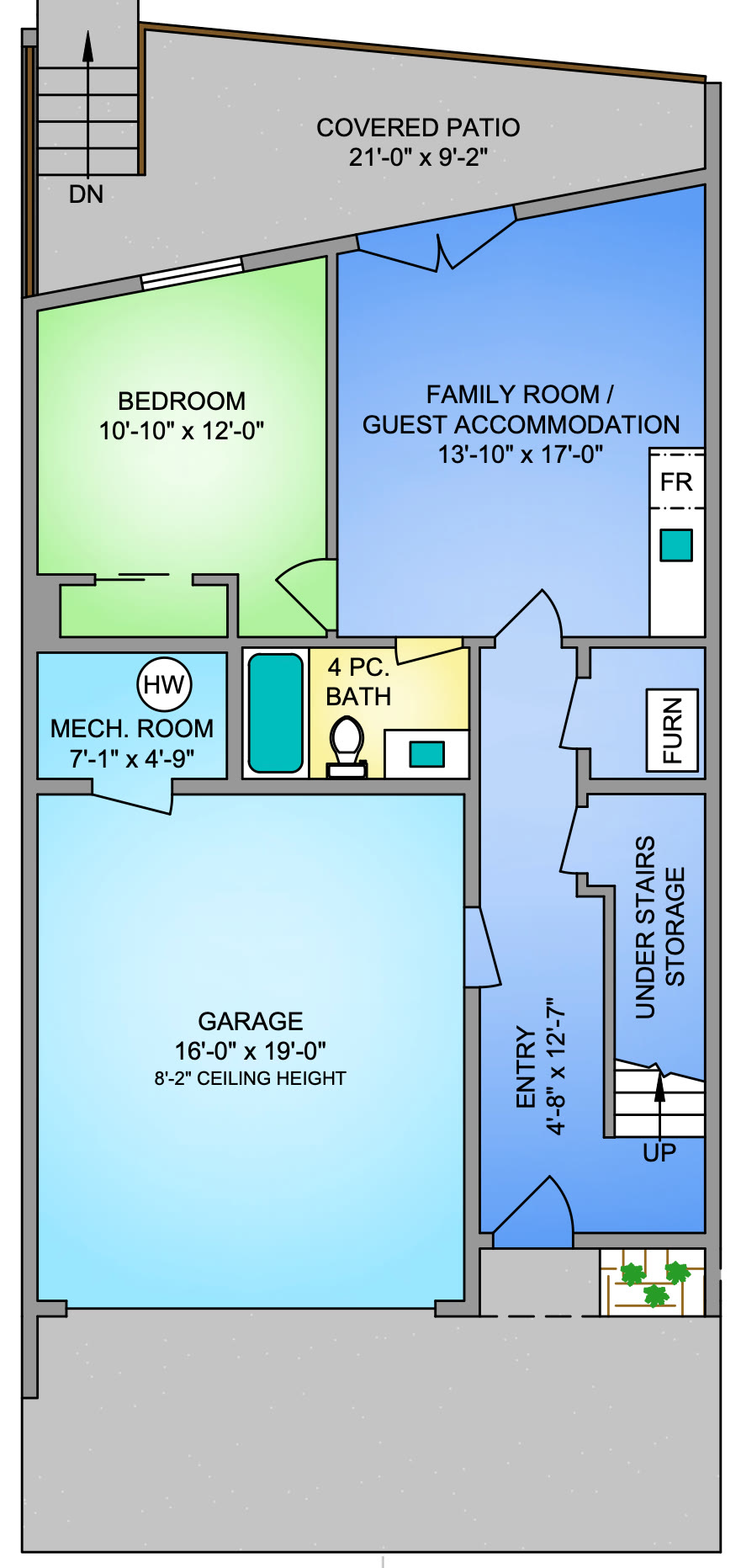 Home 4 downstairs plan: family room or guest accommodation 13 ft 10 in by 17 ft, a bedroom 10 ft 10 in by 12 ft, a four-piece bath, the entry with under-stair storage, the garage 16 ft by 19 ft and the covered patio