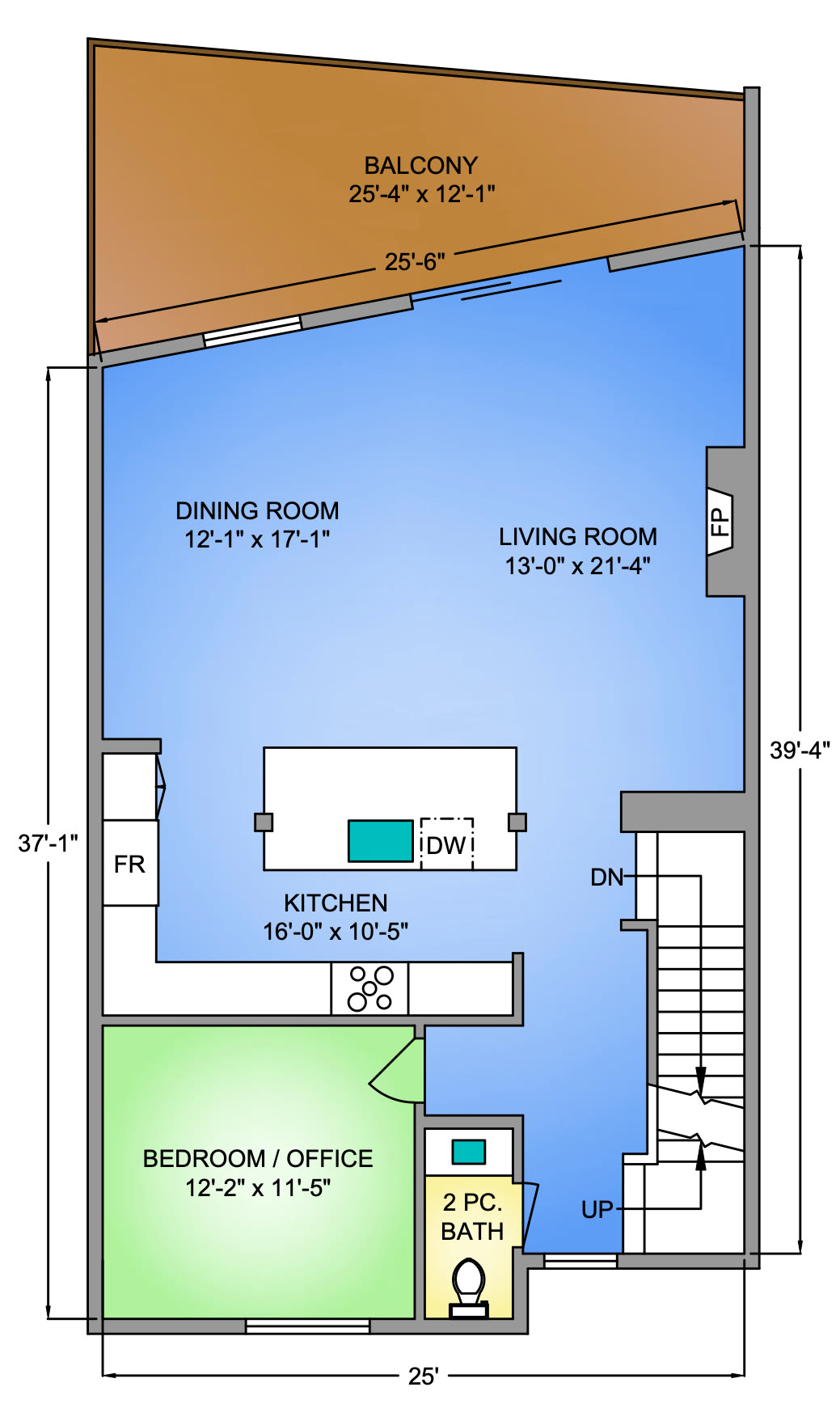 Home 4 main floor plan: living room 13 ft by 21 ft 4 in with the fireplace, dining room 12 ft 1 in by 17 ft 1 in, kitchen 16 ft by 10 ft 5 in with an island, the balcony, a bedroom or office 12 ft 2 in by 11 ft 5 in and a two-piece bath