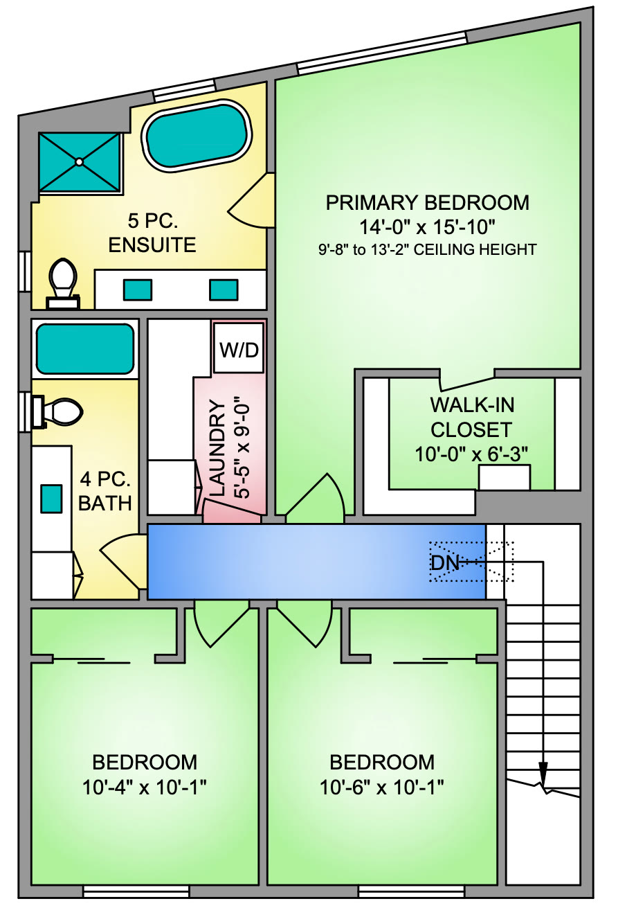 Home 4 upstairs plan: primary bedroom 14 ft by 15 ft 10 in with a walk-in closet and five-piece ensuite, two bedrooms of about 10 ft by 10 ft, a four-piece bath and the laundry